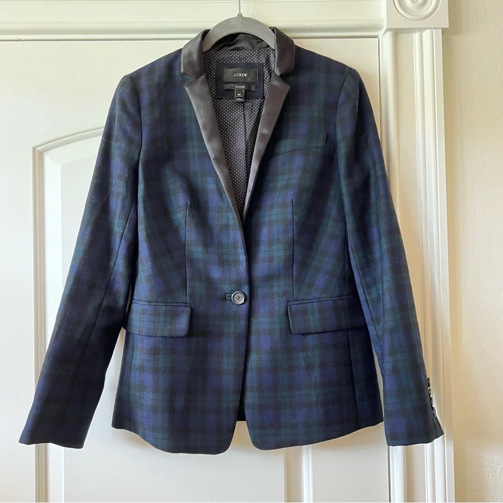 J. Crew Schoolboy Blazer Jacket Tartan Plaid Blue Green Satin Collar Wool - Picture 2 of 10